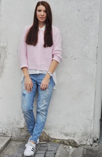 Pink Pullover with White Oversized Shirt & Blue Boyfriend Jeans