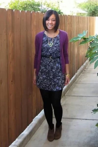 Purple Cardigan with Black Printed and Belted Tunic