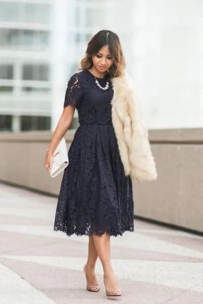 White Faux Fur Coat with Fit and Flare Midi Lace Dress