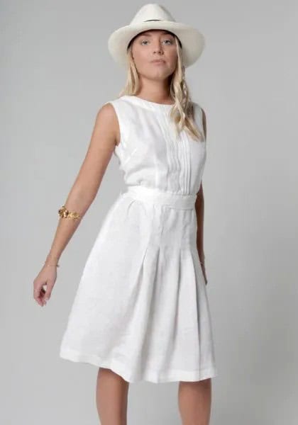 White Belted Boat Neck Flare Dress with Felt Hat