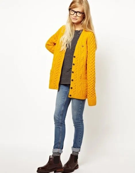 Mustard Yellow Cable Knit Cardigan with Cuffed Jeans & Leather Boots