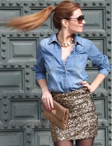 Chambray Shirt with Mini Sequin Gold Bodycon Skirt