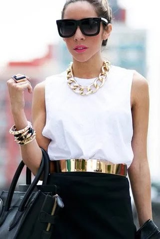 Wear with Gold Belt, White Sleeveless Top & Black Mini Skirt