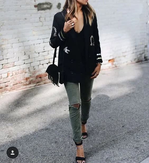 Black Top & Green Skinny Jeans