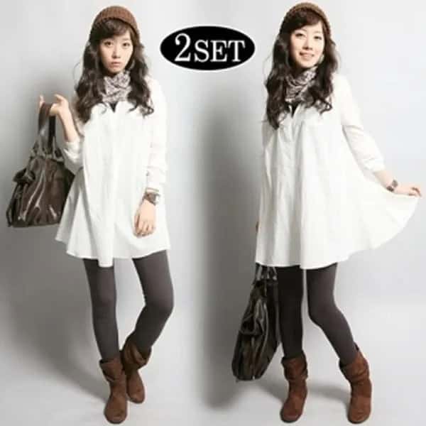 White Button Up Flared Shirt with Plaid Scarf & Grey Leggings