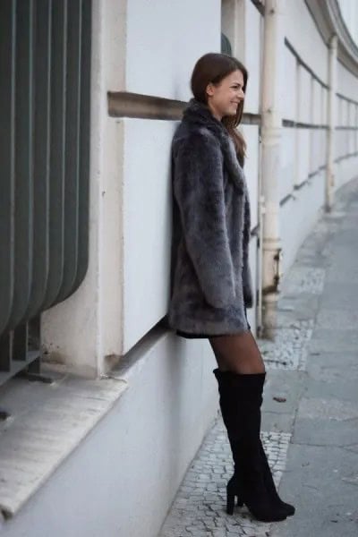 Grey Faux Fur Dress Coat with Black Over The Knee Boots