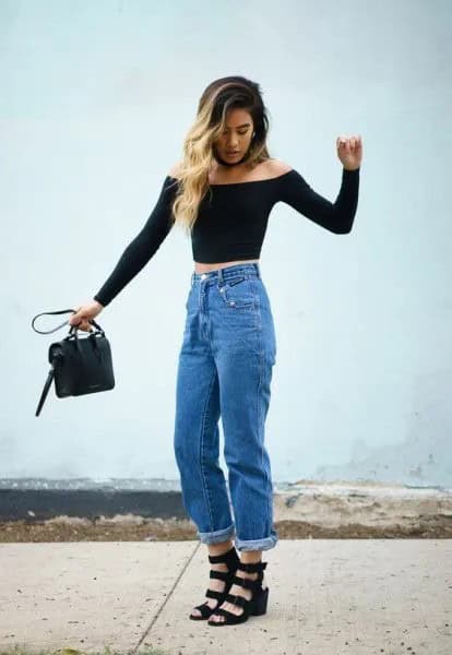 Black Off The Shoulder Form Fitting Cropped Long Sleeve Tee with Black Platform Sandals