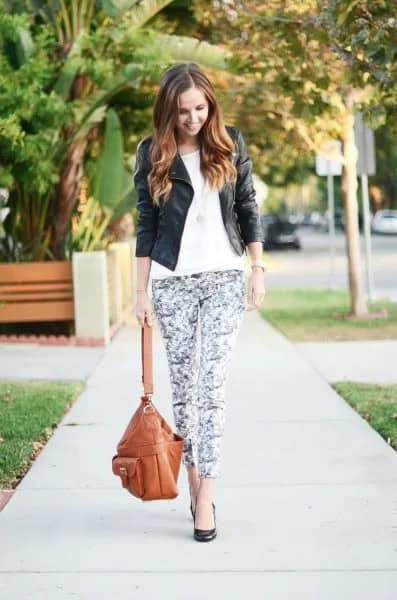 Black Leather Moto Jacket with White Tee & Floral Leggings