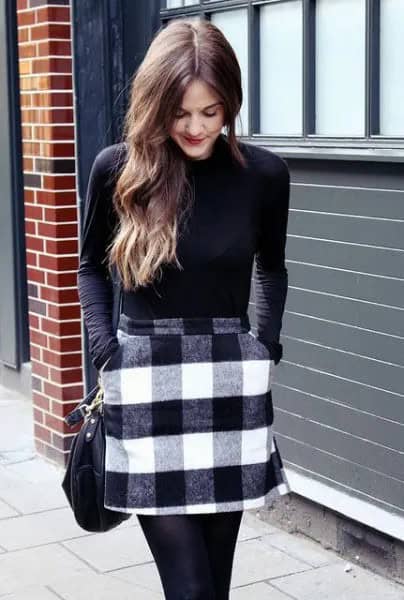 Black Fitted Long Sleeve T Shirt with Flannel Mini Checkered Skirt