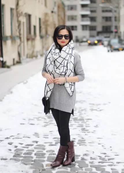 Grey Sweater with White and Black Plaid Scarf