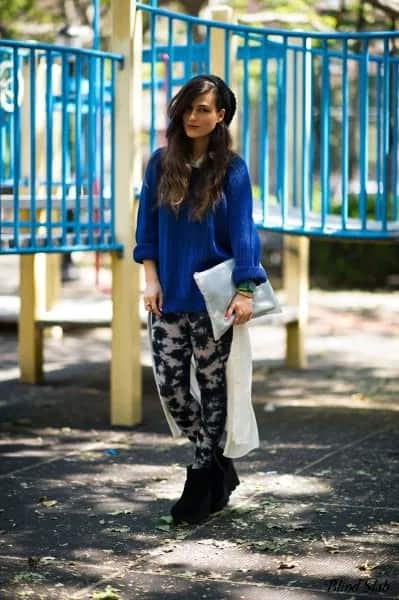 Royal Blue Relaxed Fit Blouse with Black and White Tie Dye Leggings