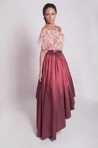 Blush Pink Floral Printed Chiffon Off The Shoulder Top with Maxi Taffeta Skirt