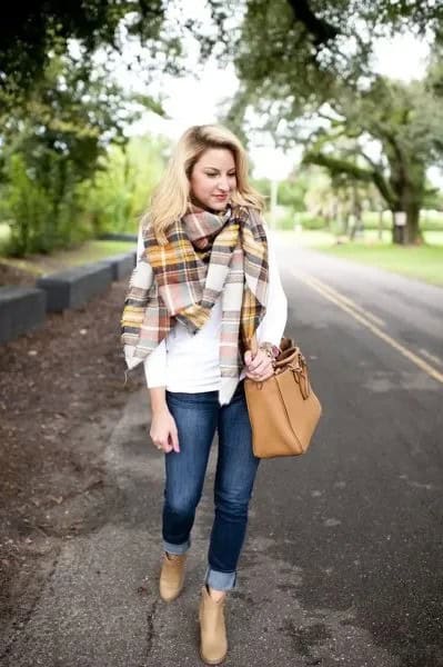 White Long Sleeve Tee with Gold and Grey Plaid Blanket Scarf