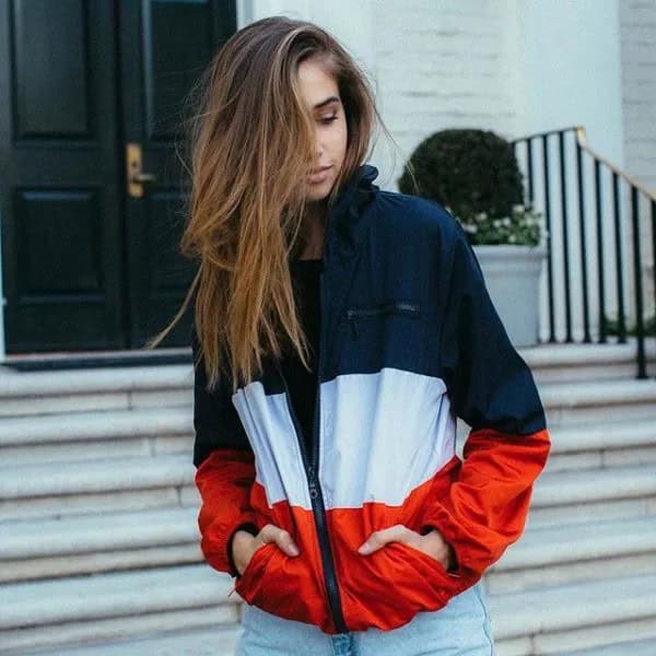 Navy Blue, White and Red Color Block Windbreaker with Light Blue Boyfriend Jeans