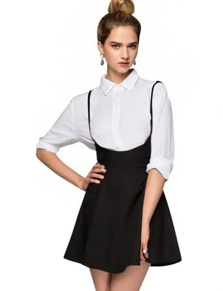 White Button Up Shirt with Black Mini High Rise Skirt