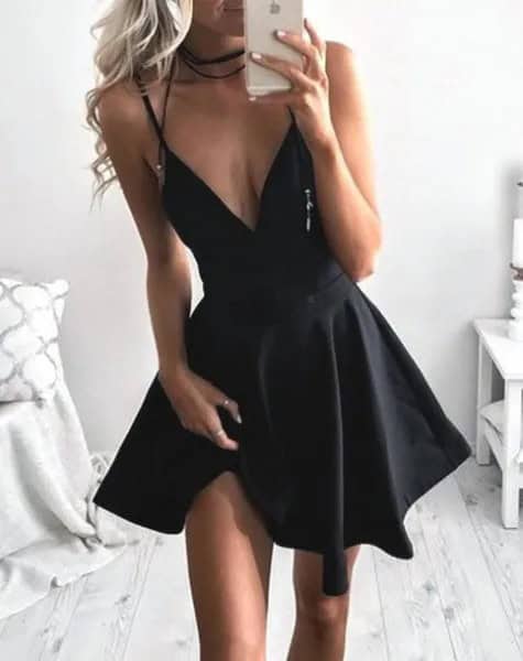 Black Low Cut Mini Skater Dress with Choker