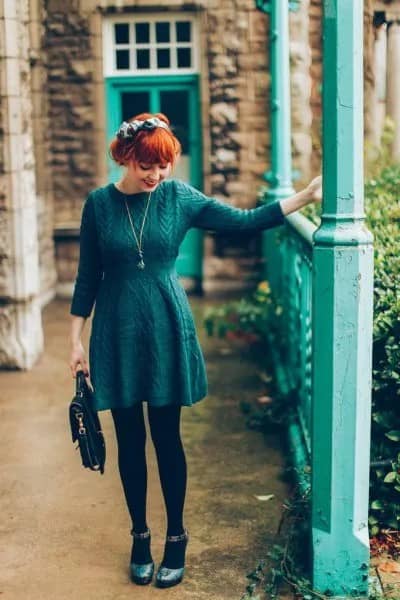 Long Sleeve Knit Gathered Waist Skater Dress