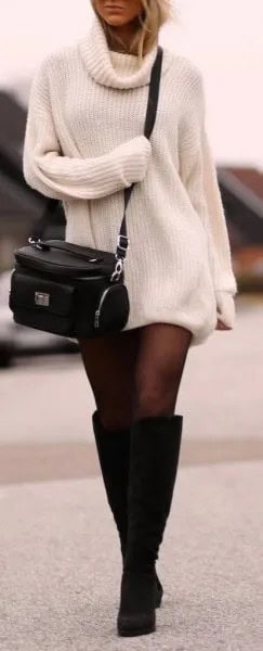 White Cowl Neck Mini Knitted Dress with Black Knee High Boots