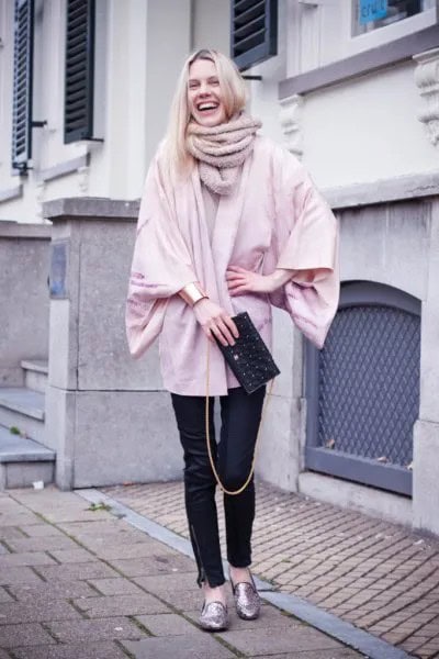 Pale Pink Chunky Cardigan with Black Leather Pants & Gold Metallic Loafers