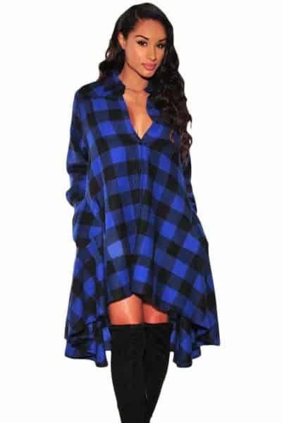 Blue and Black Plaid High Low Shirt