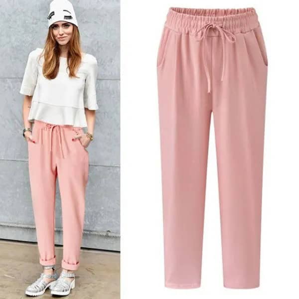 White Half Sleeve Chiffon Crop Top with Pale Pink Elastic Waist Cuffed Pants