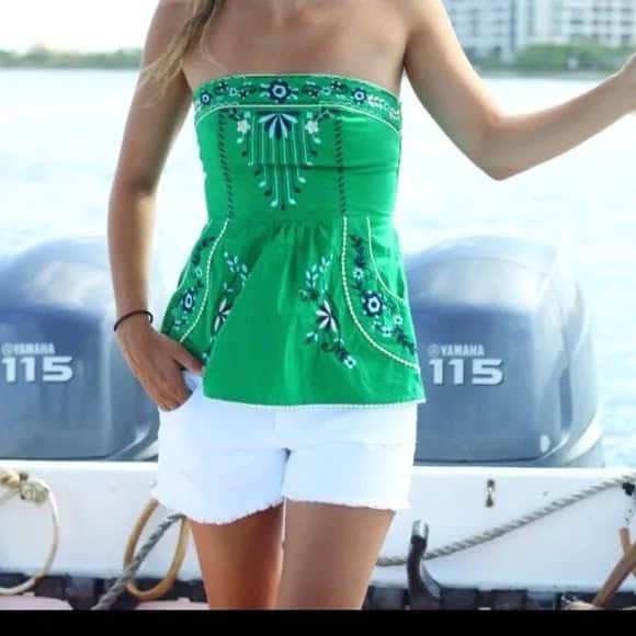 Green Tribal Printed Tube Top with White Mini Shorts