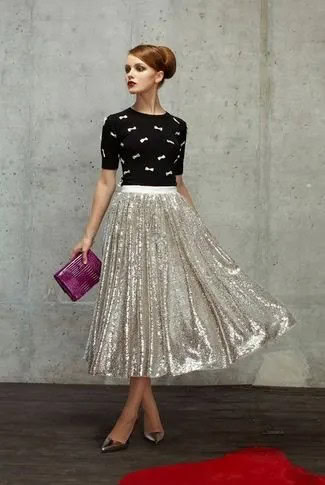 Black Cartoon Printed Shirt with Silver Sequin Pleated Midi Skirt