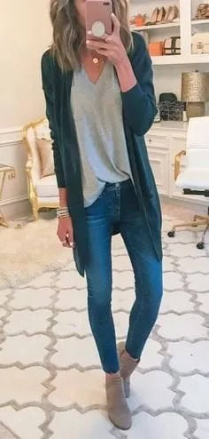 Grey V Neck Tunic Tee with Navy Blue Longline Cardigan