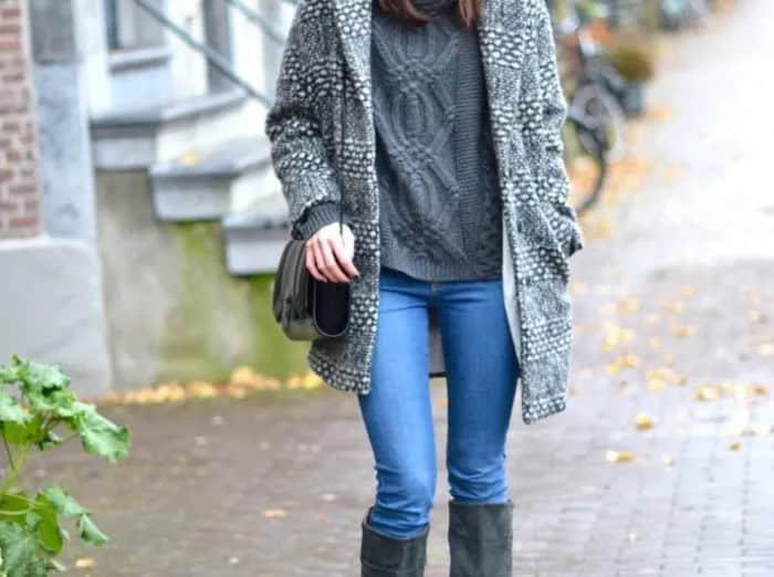 Grey Long Sweater Coat with Light Blue Jeans & Black Knee High Boots