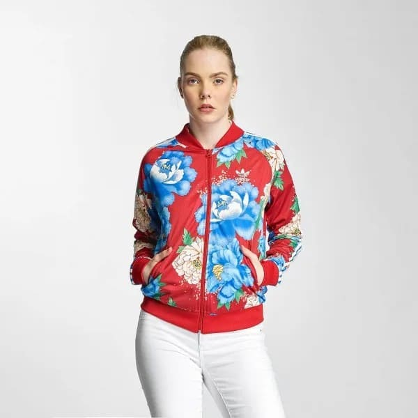 Red and Blue Floral Printed Sport Jacket with White Jeans