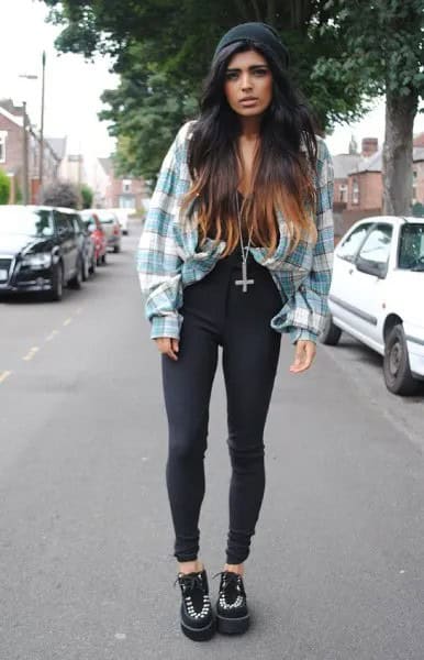 Grey and White Plaid Vintage Boyfriend Shirt with High Waisted Black Jeans