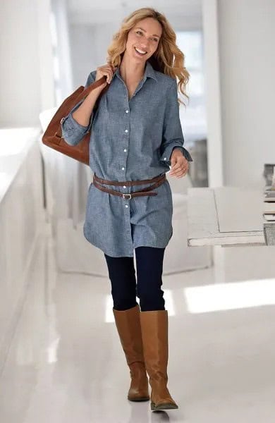 Chambray Belted Long Shirt with Leggings