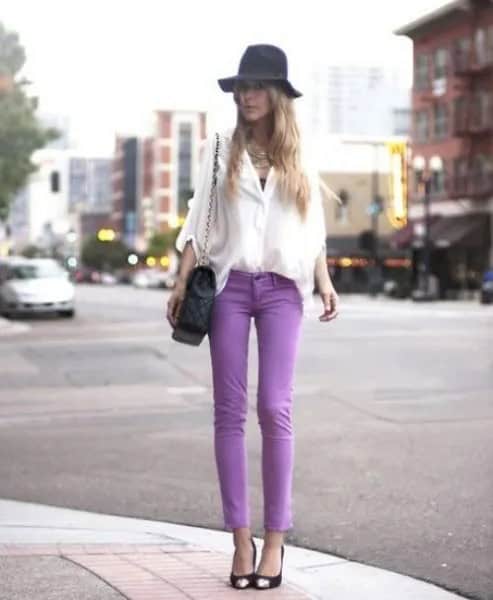 White Chiffon Wide Sleeve Blouse with Purple Skinny Jeans & Floppy Hat