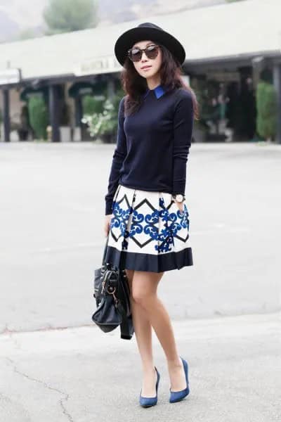 Black Sweater with Tribal Printed Mini Pleated Skirt