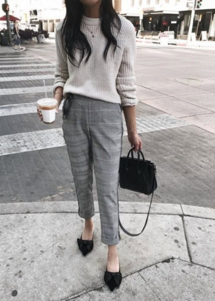 White Ribbed Chunky Sweater with Cropped Plaid Slim Fit Pants