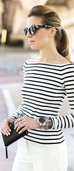 Striped Boat Neck Top with White Skinny Jeans