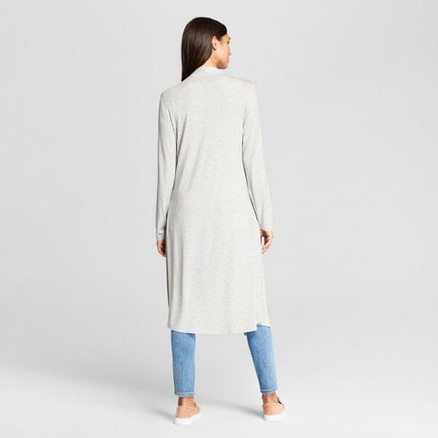 White Long Shawl Collar Sweater with Light Blue Jeans