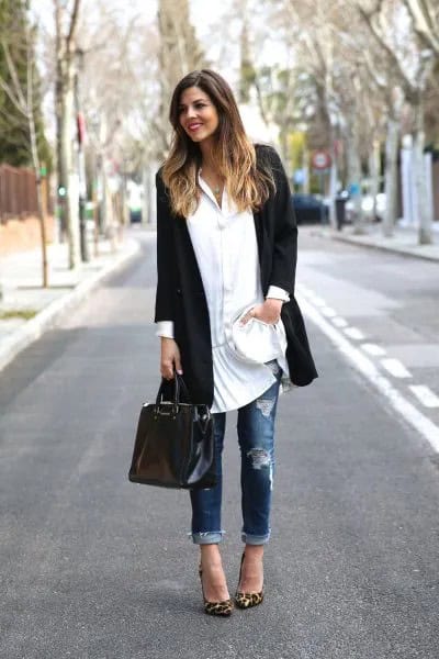 White Button Up Tunic Dress with Black Long Blazer