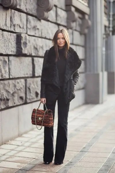 Black Faux Fur Collar Trench Coat with Flared Pants