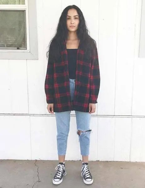 Red and Black Plaid Boyfriend Shirt with Ripped and Cropped Mom Jeans