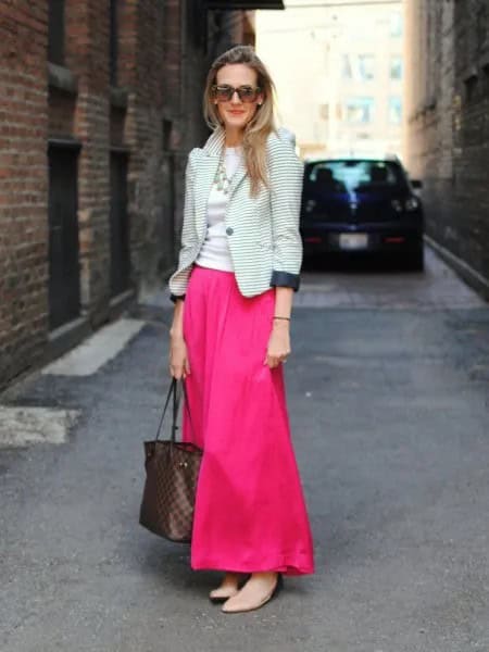 Black and White Striped Blazer with Hot Pink Flared Maxi Skirt