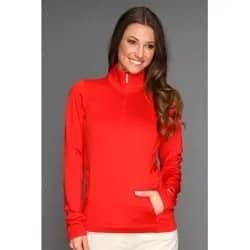 Red Long Sleeve Golf Half Zip Pullover Jacket with White Jeans