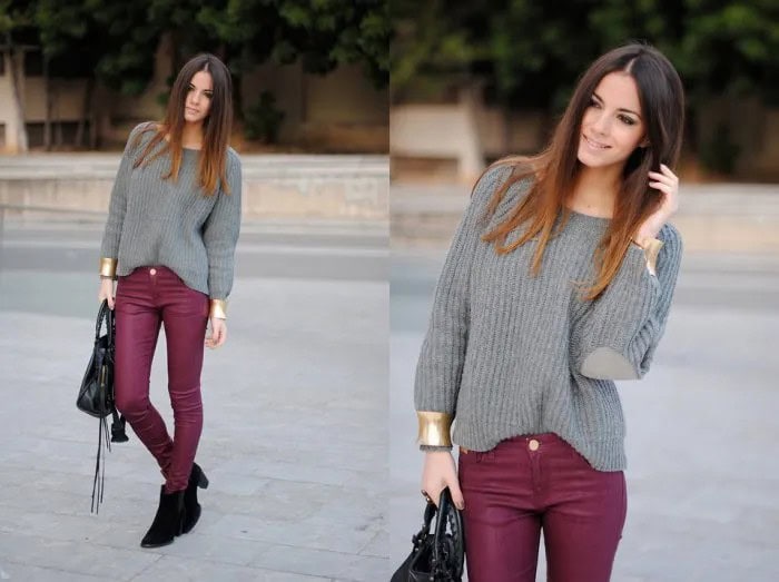 Burgundy Skinny Jeans with Grey Boat Neck Knit Sweater