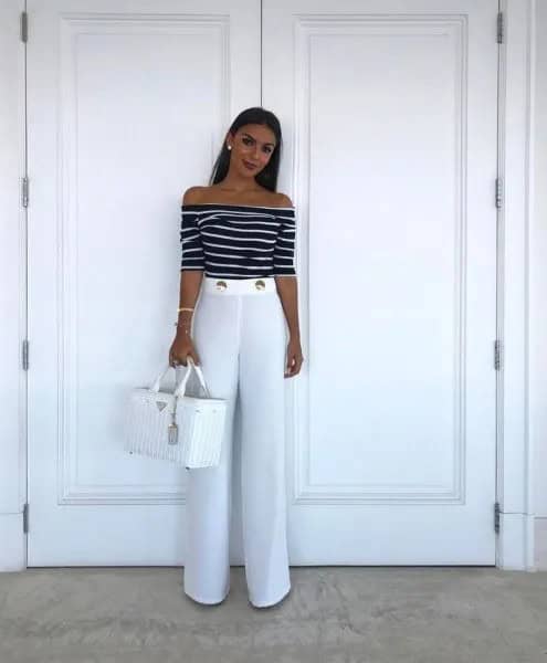 Wear with Black and White Striped Off The Shoulder Top