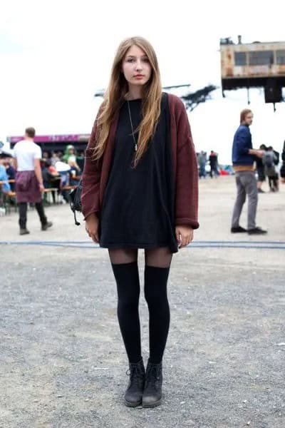 Black Mini Shift Dress with Grey Oversized Cardigan & Thigh High Leggings