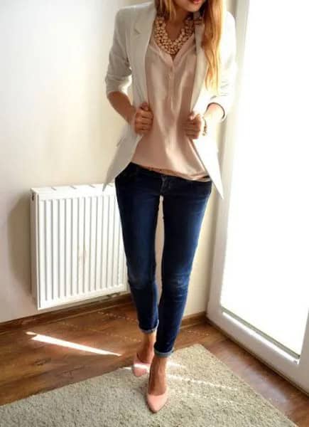 White Blazer with Peach Linen Shirt and Skinny Jeans