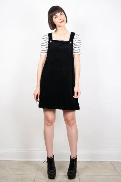 Black Overall Dress with Striped T Shirt