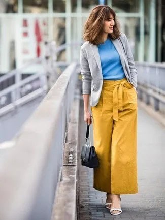 Grey Sweater Blazer with Sky Blue Top & Mustard Yellow Wide Leg Cropped Pants