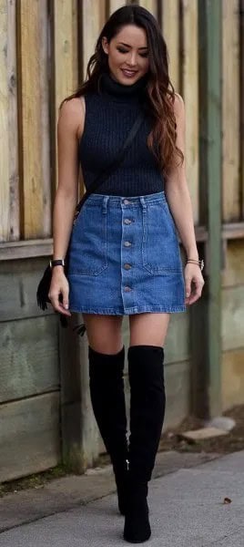 Black Mock Neck Sleeveless Sweater with Blue Denim Button Front Mini Skirt