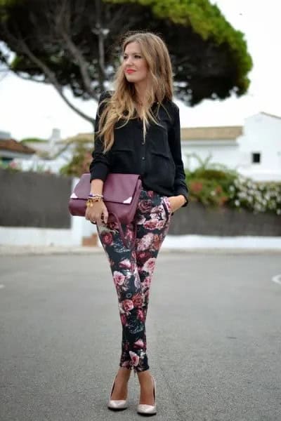 Black Button Up Shirt with Black Floral Pants